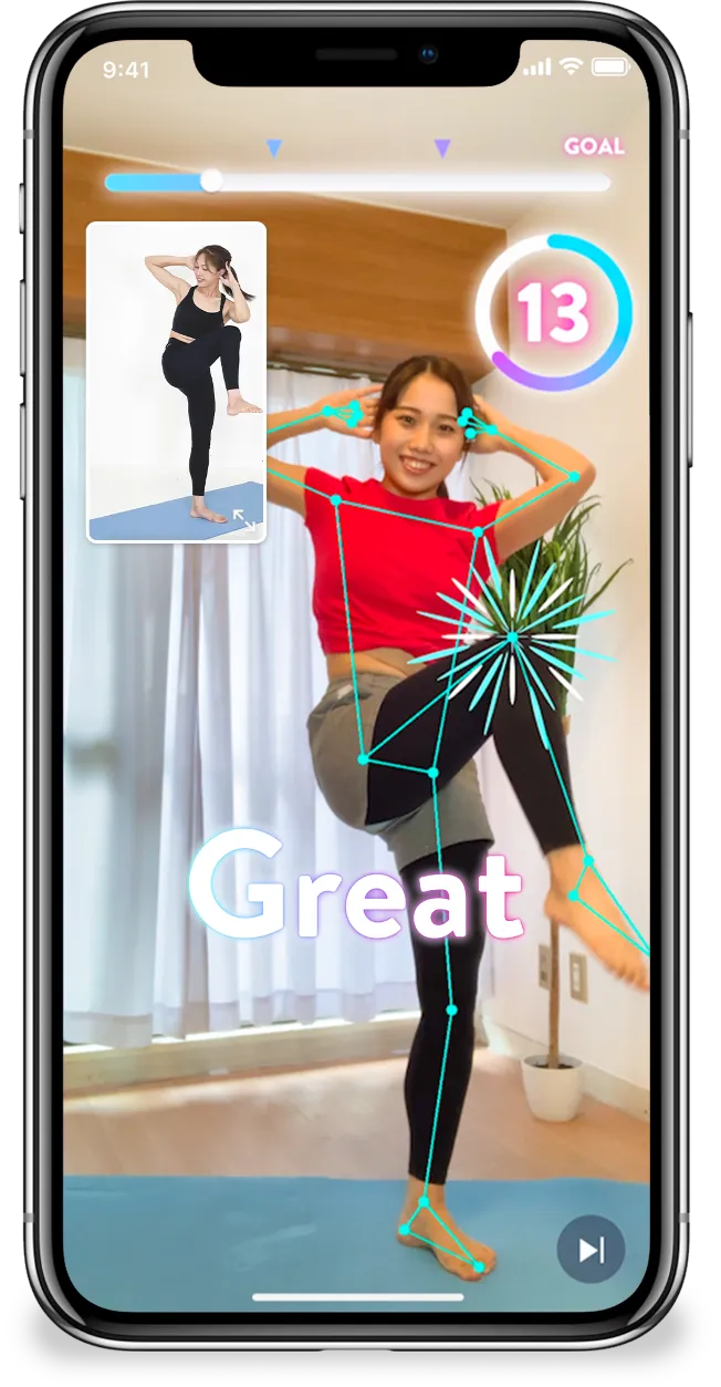 自宅をフィットネス空間に「ODOLL」 AIで骨格検出・多彩なエフェクトで楽しく続けることができるトレーニングアプリのプレイ中のサンプル画像