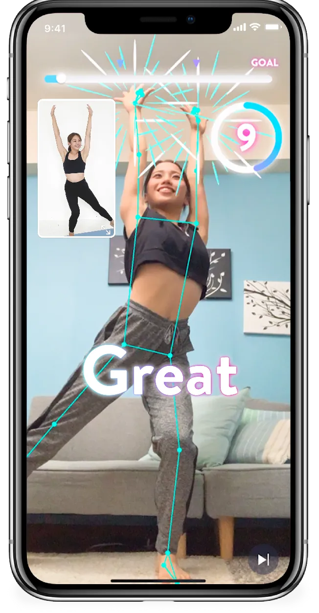 自宅をフィットネス空間に「ODOLL」 AIで骨格検出・多彩なエフェクトで楽しく続けることができるトレーニングアプリのプレイ中のサンプル画像